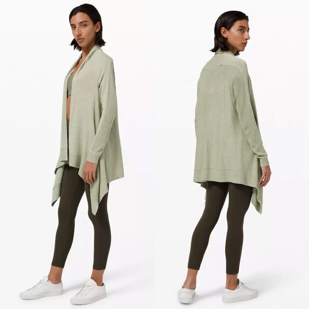 Lululemon Cashlu Knit Wrap Womens Rosemary Green Open Front Waterfall Size M/L - Picture 2 of 7